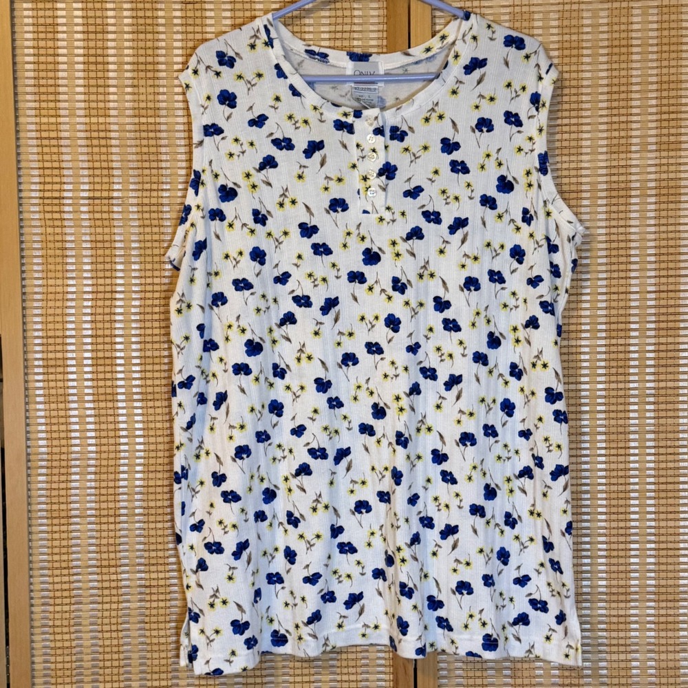 Only Necessities Womens Floral Henley Tank Top Blue Yellow Ribbed Knit Large